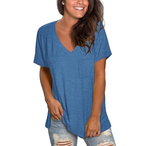 Women's Short Sleeve V-Neck Casual Tee with Pocket - Blue, XXL - Picture 5 of 5